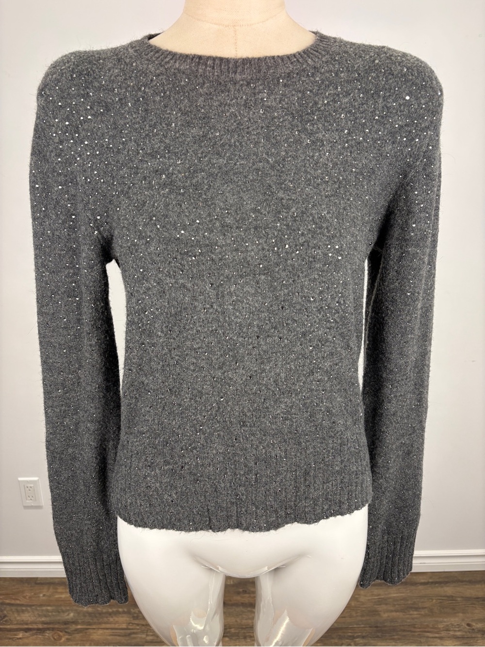 J.Crew Charcoal Grey Rhinestone Gemstone Embellished Knit Crewneck Sweater S